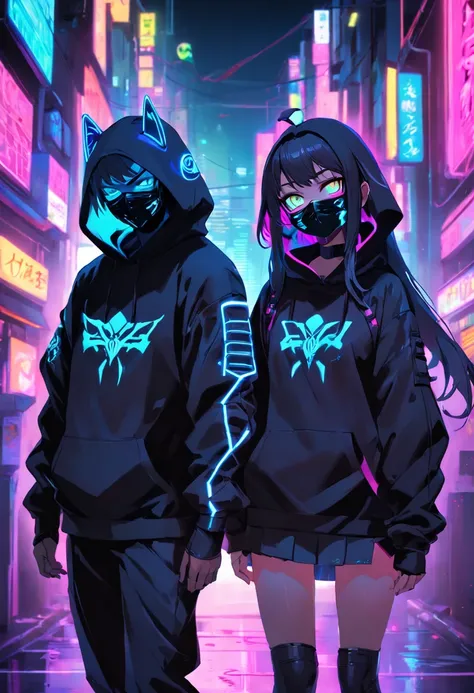 girl boy paar in einem Kapuzenpullover mit einer Neon-ninja-maske, Geister-Neon, Neon und dunkel, Profilbild 1024px, Hintergrundgrafik, Dunkler Kunststil, Neon-Cyberpunk, Evil smile and shining eyes, Synthwave-Kunst, Neon Noir, Cyberpunk-Kunststil, Gruseli...