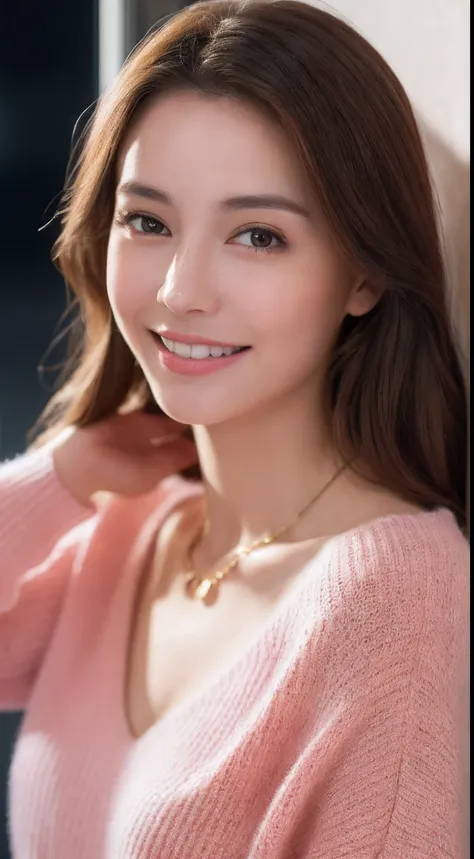 ((Night, Realistic Light, Best Quality, 8K, Masterpiece: 1.3)), 1girl, Slim Beauty: 1.4, Abs: 1.1, (Brown hair, Medium breasts: 1.3), Long pink sweater: 1.1, Bathroom, Super fine face, Delicate eyes, Double eyelids, smile, necklace