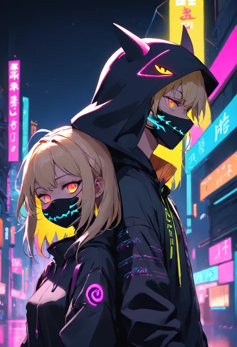 girl boy paar in einem Kapuzenpullover mit einer Neon-ninja-maske, Geister-Neon, Neon und dunkel,blondes haar, Profilbild 1024px, Hintergrundgrafik, Dunkler Kunststil, Neon-Cyberpunk, Evil smile and shining eyes, Synthwave-Kunst, Neon Noir, Cyberpunk-Kunst...