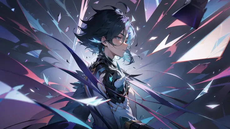 1 Young Man、Highly detailed artwork、Beautiful male characters、Looking here、collateral、With movement、Blurred foreground、Shards of glass fly off、brilliance、Dramatic