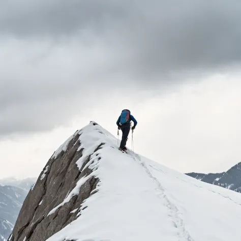 A solo climbing the back of a snowy mountain，Very shocking picture，Blue sky