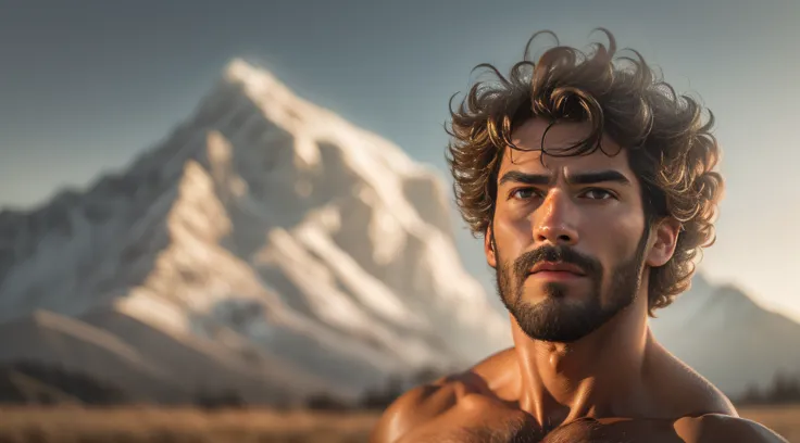 A burly man, musculous, Shirtless。His hair was a mess of curly hair, dust kicked up。, In the distance are majestic snow-capped mountains and grasslands, The sunset reflects the sky, The man strode forward confidently, Embodies an inner strength and resilie...