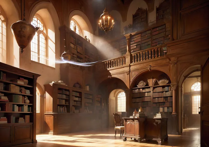 Una biblioteca antigua y polvorienta, with wooden shelves, libros apilados, and particles floating in the air, tonos sepia