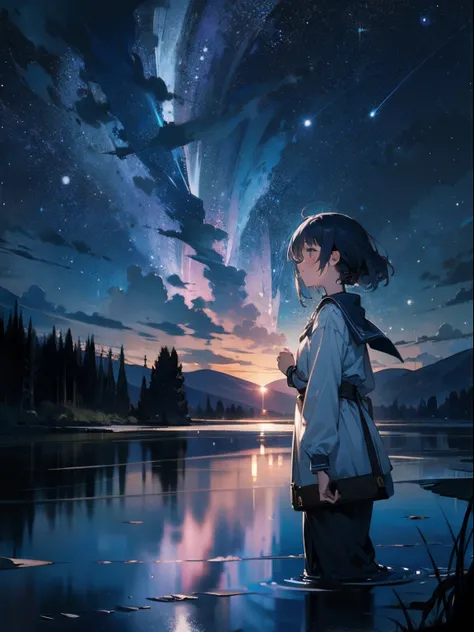 "River theme, starry night, 1 girl enjoying the tranquil beauty beneath a celestial canopy."