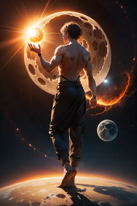 Draw a giant standing inside the universe，Feet on the earth，Holding a sun in his left hand，Holding the moon in his right hand，The Earth, Moon, and Sun do not appear to be very large