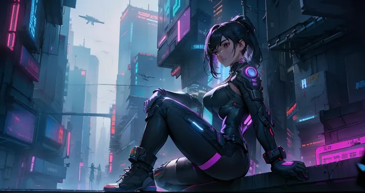 Lonely girl standing at a height、With the scenery of a cyberpunk city lined with skyscrapers、Her presence is enchanting,、Wrapped in mysterious magic