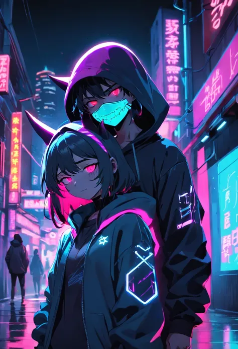 Girl boy couple in hoodie with neon ninja mask, ghost neon, neon and dark, Main image 1024 pixels, Hintergrundgrafik, dark art style, Neon - Cyberpunk, Evil smile and shining eyes, synthwave art, neon noir, cyberpunk artstyle, creepy style, bright cyberpun...