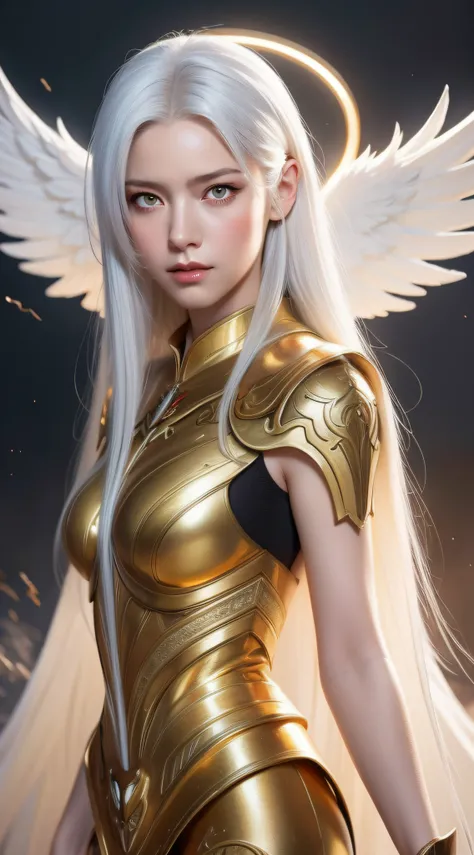 illustration by wlop, oil painting, heaven background, 1girl, fighting_stance, white hair, golden eyes, long hair, halo, angel wings, serene expression, looking at viewer, pixiv, masterpiece, best quality, extremely detailed, 8k