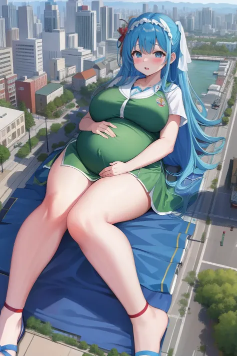 Giant maiden，Moe two-dimensional style，Pregnancy status，Round belly，Gaze at the bustling city，Lying on the market。