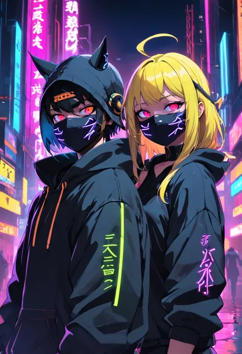 girl boy paar in einem Kapuzenpullover mit einer Neon-ninja-maske, Geister-Neon, Neon und dunkel,blondes haar, Profilbild 1024px, Hintergrundgrafik, Dunkler Kunststil, Neon-Cyberpunk, Evil smile and shining eyes, Synthwave-Kunst, Neon Noir, Cyberpunk-Kunst...