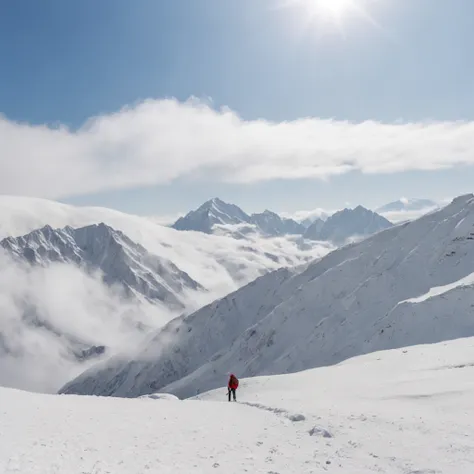 Climb the back of the snowy mountain alone，Very shocking picture，Blue sky