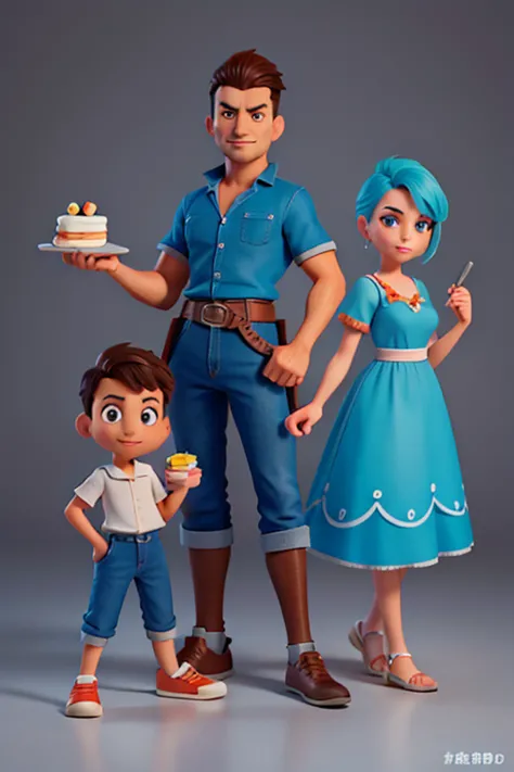 Young men and women, blue and orange, Different poses and expressions, Different angles, Bakery brand,Cake dessert,Fresh and bright,breads,Cupcakes, very stylized character design,Cartoon mascot ,game character concept art, high quality character design, f...