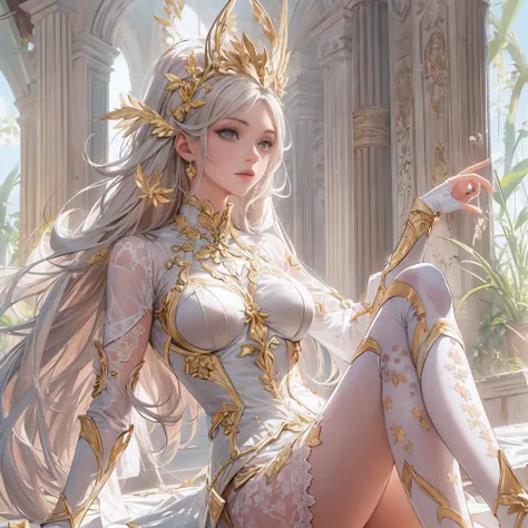 ((Masterpiece, Highest quality)), Detailed face, CharacterDesignSheet，full bodyesbian, Full of details, Multiple poses and expressions, Highly detailed, Depth, beuaty girl，Lace，lacepantyhose, High Balance, suns，Natural light，White and gold，Armor