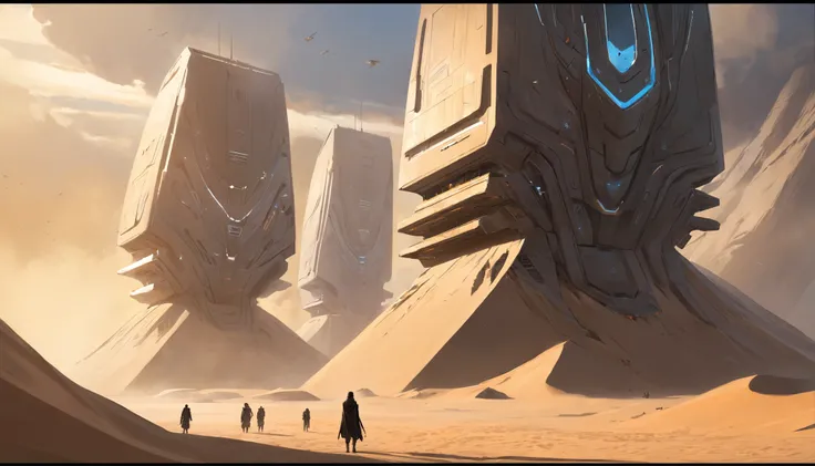 Dune concept art，Clean and neat tones，Sci-fi base scene，Huge scene，Square-shaped complex，Soviet aesthetic architecture，huge buildings，There are many ships in the air，Size contrast，crowd of，Soldiers versus soldiers，Big scenes of war，smog，epic concept art，Fi...