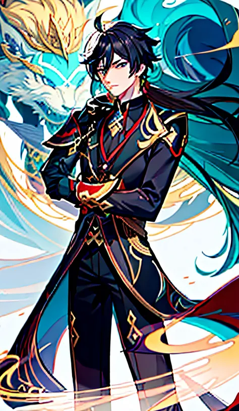 Anime - Stylistic image of a man in a long coat holding a sword, Keqing from Genshin Impact, zhongli from genshin impact, inspired by Yang Jin, Genshin impacts character, Inspired by Huang Shen, style of duelyst, Genshin Impact style, full portrait of elem...