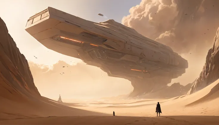 Dune concept art，Clean and neat tones，Sci-fi base scene，Huge scene，Square-shaped complex，Soviet aesthetic architecture，huge buildings，There are many ships in the air，Size contrast，crowd of，Soldiers versus soldiers，Big scenes of war，smog，epic concept art，Fi...