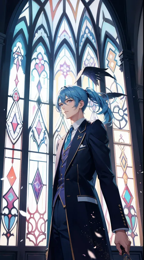 Young man standing in front of stained glass, an animated character, Long light blue hair, Adonis, Beautiful Boys, High Ponytail, Purple eyes, magic school uniform, high-necked, Black feathers, Roses in hand, Provocative laughter, masutepiece, hiquality,, ...