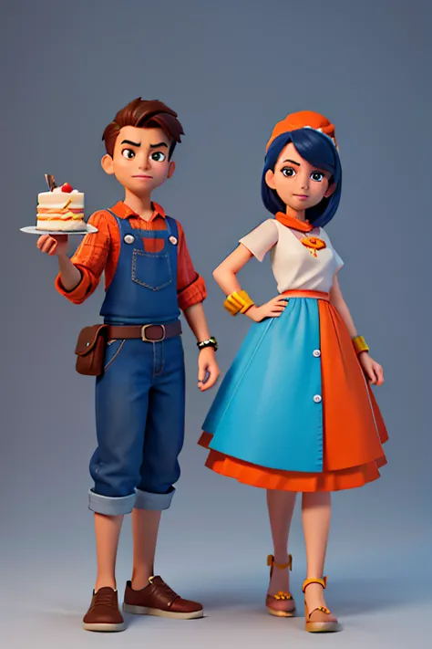 Young men and women, blue and orange, Different poses and expressions, Different angles, Bakery brand,Cake dessert,Fresh and bright,breads,Cupcakes, very stylized character design,Cartoon mascot ,game character concept art, high quality character design, f...