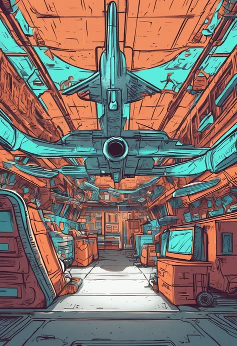 Airplane hall SciFi for delivery of parcels and openings where the mail ships fly out Stylized Art