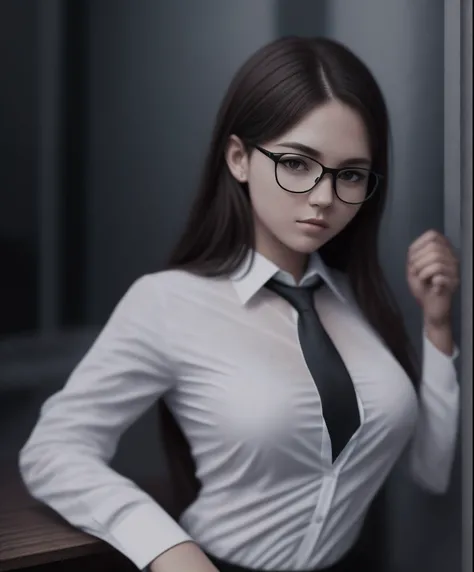 solo girl, white shirt, ((opened white shirt )), pleated black necktie, eyeglasses, (8k, high res, hyper-realistic art)), sit, average breast  - Hyper Realistic Photography - --auto --s2