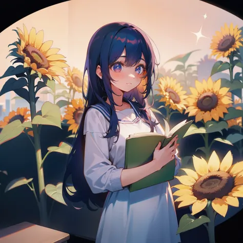 Cute female teacher，There are little stars in the eyes，Textbook in hand，Behind them are sunflowers，Warm and comfortable atmosphere