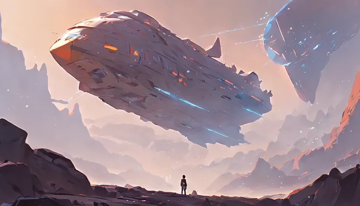 Drawing of a man standing on a rock and a spaceship flying over a rocky ground, inspired by sparth, Epic spaceship scene, sparth style, Spacecraft flies far, Star Citizen Digital Art, sci - fi illustrations, sci-fi illustration, detailed sci-fi art, In the...