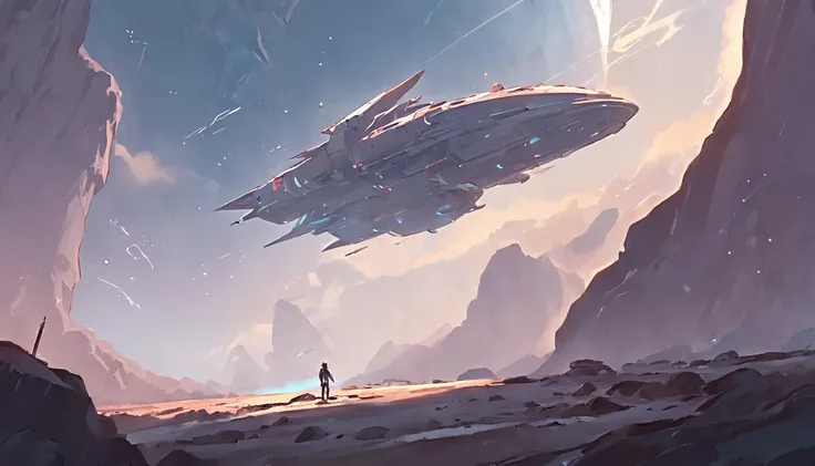 Drawing of a man standing on a rock and a spaceship flying over a rocky ground, inspired by sparth, Epic spaceship scene, sparth style, Spacecraft flies far, Star Citizen Digital Art, sci - fi illustrations, sci-fi illustration, detailed sci-fi art, In the...