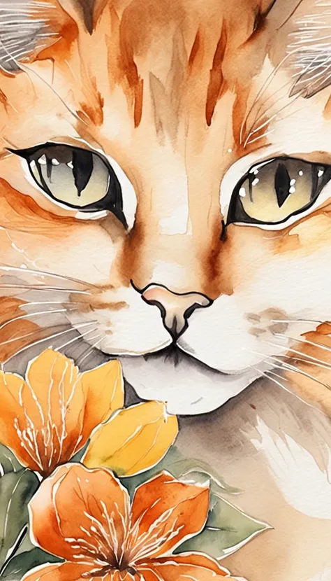 Garden cat，Under the sun，Warm orange hair，Detailed sketch style，Close up focusing on cats eye，Maos eyes are painted with a jewel-like material，Add cat purr，Its a warm and peaceful sight...