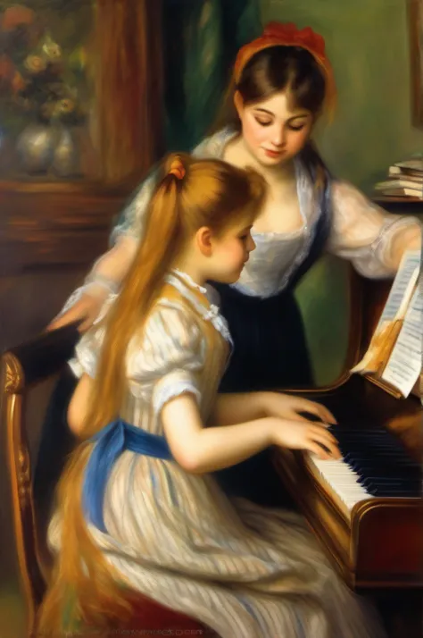 painting of two young girls playing the piano together, in the painting style of renoir, by Pierre Roland Renoir, by Pierre-Auguste Renoir, by Renoir, inspired by Pierre-Auguste Renoir, painting in the style of renoir, pierre - auguste renoir, inspired by ...