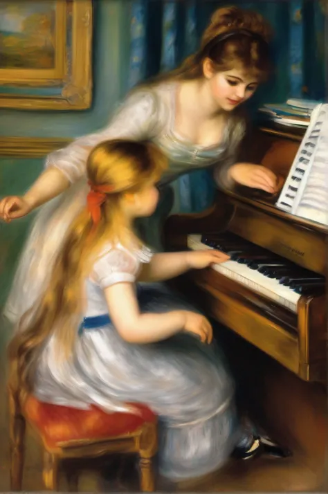 painting of two young girls playing the piano together, in the painting style of renoir, by Pierre Roland Renoir, by Pierre-Auguste Renoir, by Renoir, inspired by Pierre-Auguste Renoir, painting in the style of renoir, pierre - auguste renoir, inspired by ...