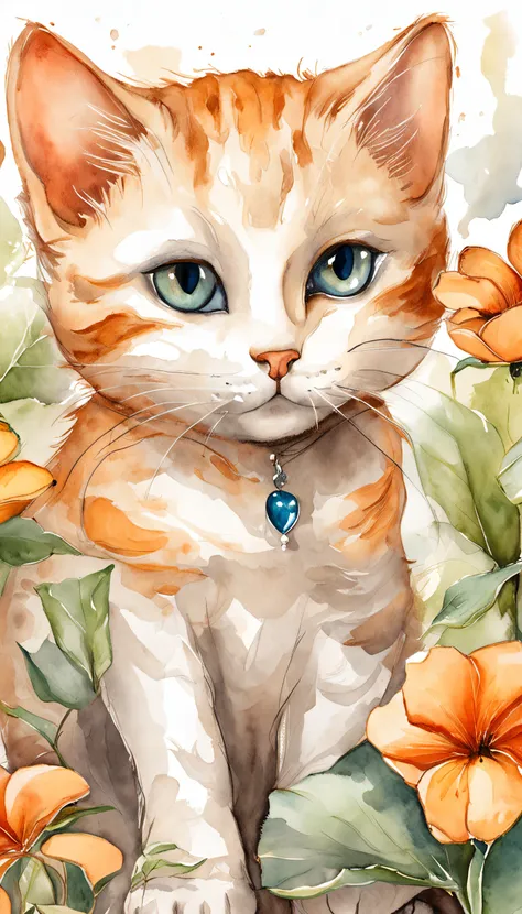 Garden cat，Under the sun，Warm orange hair，Detailed sketch style，Close up focusing on cats eye，Maos eyes are painted with a jewel-like material，Add cat purr，Its a warm and peaceful sight...