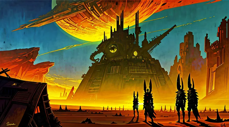 enki bilal,philippe druillet,moebius inspired french comics art "a vast desert filled with colossal, rusting machines of war, half-buried in the sand, a dying sun casting long shadows over the scene, adding to the eerie sense of a long-forgotten battlefiel...