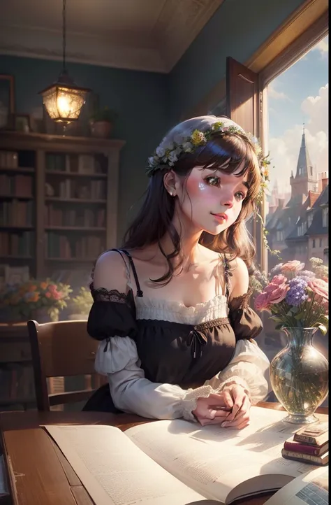 On the table was a vase of flowers and books, a digital painting by Rhea Carmi, shutterstock contest winner, romanticism lain, books and flowers, flower shop scene, Beautiful digital illustration, beautiful digital painting, A beautiful artwork illustratio...