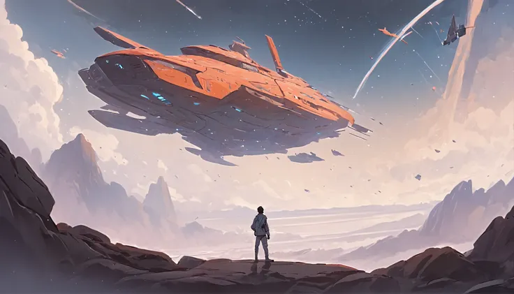 Drawing of a man standing on a rock and a spaceship flying over a rocky ground, inspired by sparth, Epic spaceship scene, sparth style, Spacecraft flies far, Star Citizen Digital Art, sci - fi illustrations, sci-fi illustration, detailed sci-fi art, In the...