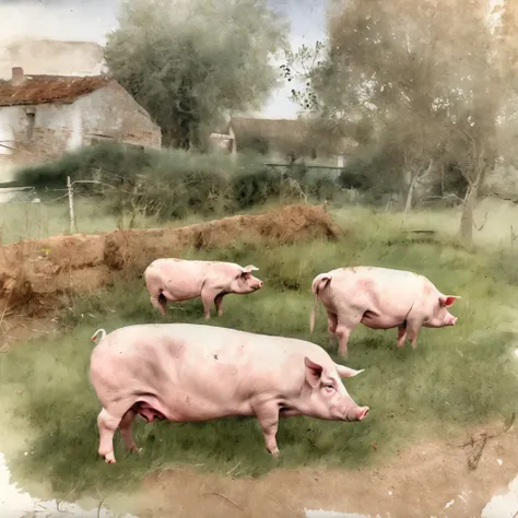 Pigs in the yard, Extreme fading, Light white tones, More light, com cores neutras, Very faded, French, Vintage, Antique landscape painting, Subtle softness, Very light pastel colors, High texture, Quaint cottage, pond, green trees, pigs, aquarelle,--v 5, ...