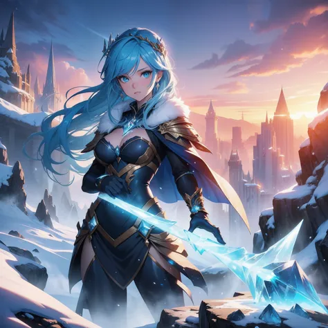 (masterpiece, best quality, photorealistic, cinematic), wide shot, full body, front view, anime girl, ice magician, blue hair, standing on a snow mountain cliff with a glowing ice spike in her hands, perfect hands, nice hands, seaside, sunset, artgerm and ...