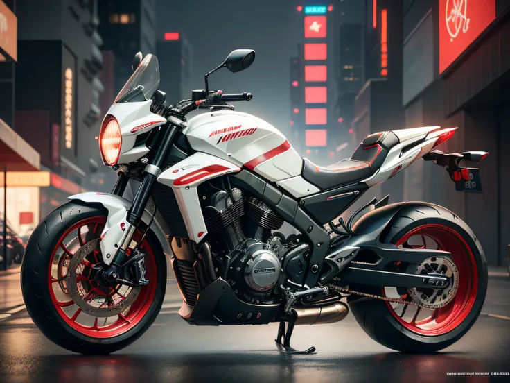 motor bikes, Highest Quality, excellent details, Ultra-high resolution, (fidelity: 1.4), Best Illustrations, favor details, Delicate and beautiful car, ((Red and white metal body: 1.8)), A sexy,, Cyberpunk, Futuristic, mechanical aesthetics, complex machin...