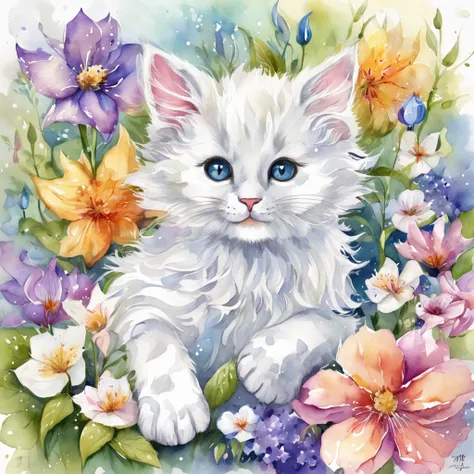 detailed illustration, Cute and bright kitten, Fantasy Flower Splash,  Pastel tetradic color of white and lilac plants,  Cartoon Fantasy Cat, Cute.