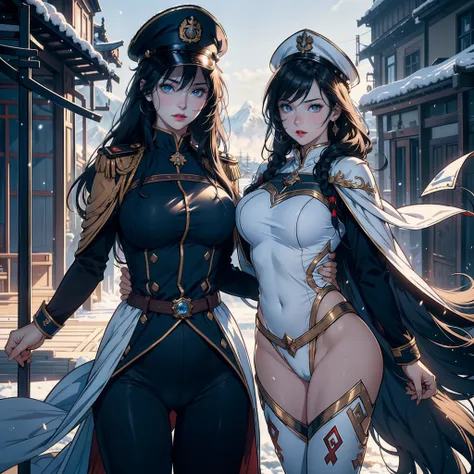 2 women，32 years old，Big breasts Thin waist，long leges，Raised sexy，Pornographic exposure， 独奏，Beauty contests，Stand side by side（Background with：the sea，snow mountains，warships，at winter season，Blizzarding，Big snowflakes）On battleships， with his long black ...