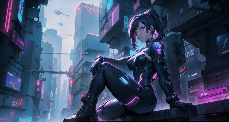 Cyber girl sitting on a ledge in the city at night。Cyberpunk anime art envelops her as digital worlds intersect。Modern cyberpunk art style illuminated by neon lights、It depicts a fusion of an anime girl and a mecha.。This art with a cyberpunk theme is、Feel ...