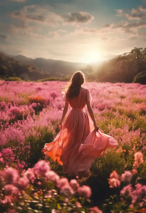 Young woman in dress walking in flower field at sunset、Soft sunshine、high-level image quality