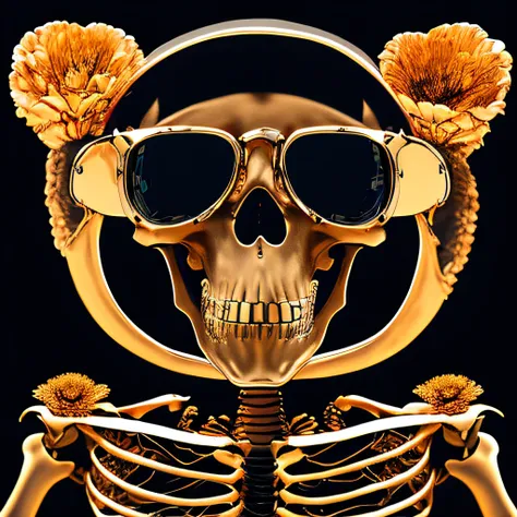 Skeleton rust wind，Wear thick gold-framed reflective sunglasses，32K（tmasterpiece，k hd，hyper HD，32K）Light chrysanthemum flowing hair，Silver skull jewelry area in the cave，Indigo Skull King ，ice hockey（The skeleton is realistic：1.4），Skull pattern robe，Silver...