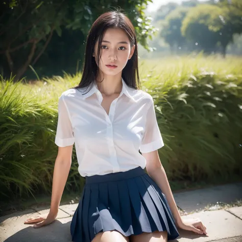 Crazy beautiful 14 year old Japanese seductive woman, , Beautiful fece, Blush  , ,lob hair, school uniform, thin shirt with ,navy skirt  ,,Slender body,  skinny figure,Dune grass ,Slim waist,Slender limbs,slim hip,Pale skin,On outdoor benches,rainy days,,W...