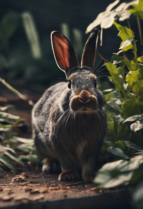 Raw photo, Black rabbit, The background is an African jungle, Looks cool rabbit assertive、The background is Ikuyama