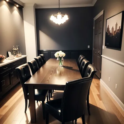 black dining room with DINING TABLE & CHAIRS