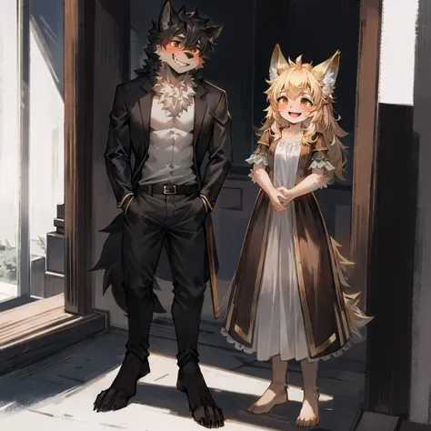 highres, unparalleled masterpiece, absurdres, love story of human Child girl and giant Werewolf, pair, Height difference, Physical difference, perfect anatomy, smile, joyful, play with, smile, happy, facial expressions, full body,