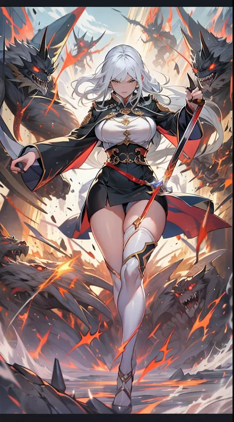 Real photo, high resolution, 1 female, solo, hips up, beautiful eyes, white hair, round eyes, yellow shirt, black skirt, black pencil skirt, black stockings, high heels, sexy   demonstrates his terrifying power in the battle, defeating the forces of the Te...