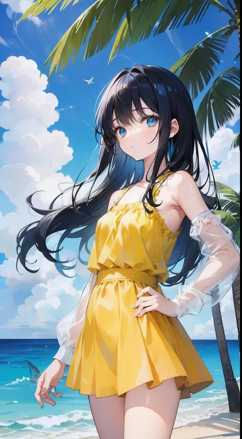 Cornflower art, dreamy, (A cute anime-style teenage girl with blue eyes and long black hair, wearing a pale yellow, bright, long-sleeved, open-chested, long skirt with a pink, white, and yellow swimsuit, heart is posing with hands on hips, in front of a be...