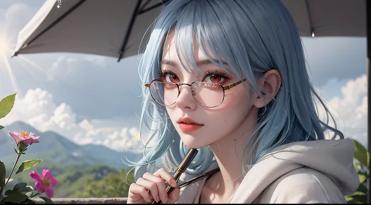 rainy wet，Wet with rain，Get wet：1.2）Long eyelashes，naturalshadow，faded ash-gray hair：1，hair on one eye,
 hilltop，Soft lighting，A ray of light in the morning sun，Dark clouds fill the distance，Beautiful and peaceful natural landscape，blue  hair+Small pink fl...