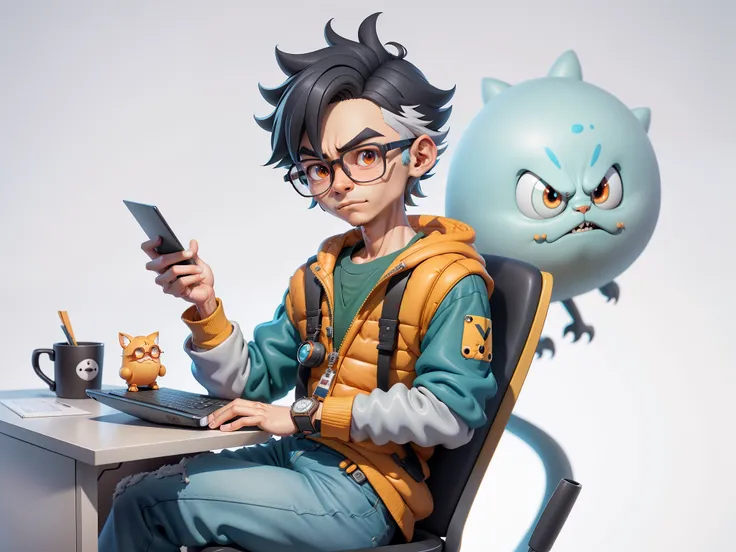 A young man with glasses sits at his desk，holding laptop，digitial painting，3D character design by Mark Clairen and Pixar and Hayao Miyazaki and Akira Toriyama，4K HD illustration，Very detailed facial features and cartoon-style visuals。